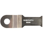 The Draper Offset Combination Saw Blade 23mm - APT250M, Stock No. 23038, is a multi-functional tool blade labeled "WOOD PLASTIC/METAL." Ideal for cutting various materials, it features a semi-circular serrated edge on one end and a hole for attachment on the other, making it an essential addition to your tool accessories.