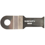 The Draper Offset Combination Saw Blade 23mm - APT250M, Stock No. 23038, is a multi-functional tool blade labeled "WOOD PLASTIC/METAL." Ideal for cutting various materials, it features a semi-circular serrated edge on one end and a hole for attachment on the other, making it an essential addition to your tool accessories.