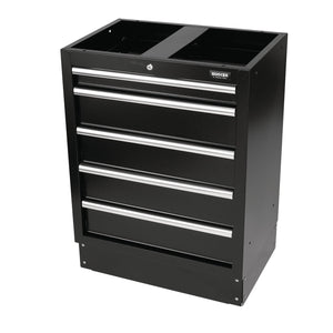 This premium-quality Draper steel unit, the Bunker® Modular Floor Cabinet (model MS400-5BU), comes in black and features five horizontal drawers along with a top compartment. As part of the BUNKER modular storage system, it includes a 10-year warranty for added peace of mind.