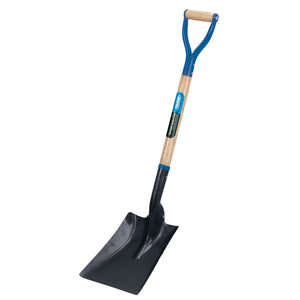 Image of the Draper Steel Square Mouth Builders Shovel with a blue Y-dee handle and a varnished hardwood shaft. The wide, flat pressed steel blade is suitable for scooping. The handle features a grip and has a label attached.