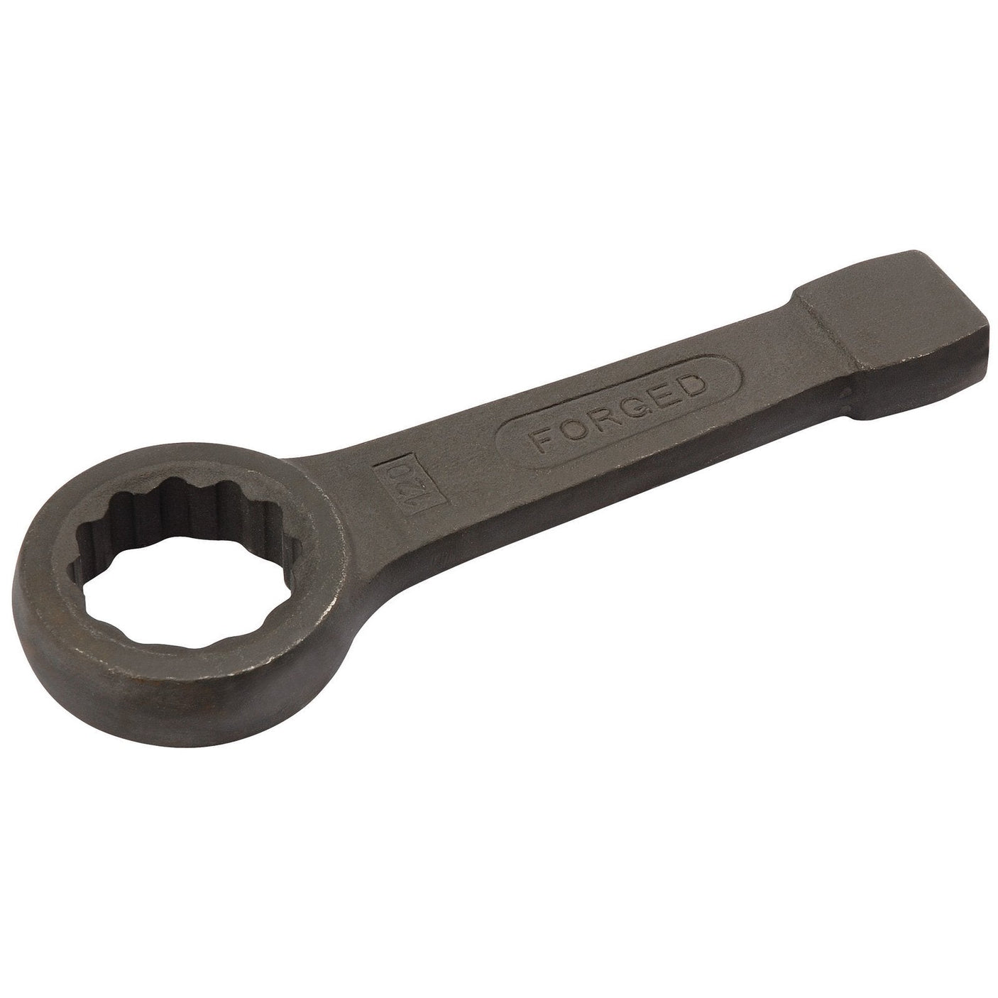 The Draper Ring Slogging Wrench, 41mm - 120MM, is a forged carbon steel wrench featuring an integrated handle. It has a circular, multi-sided opening on one end and a square-shaped handle on the other, crafted to meet DIN7444 Specifications.