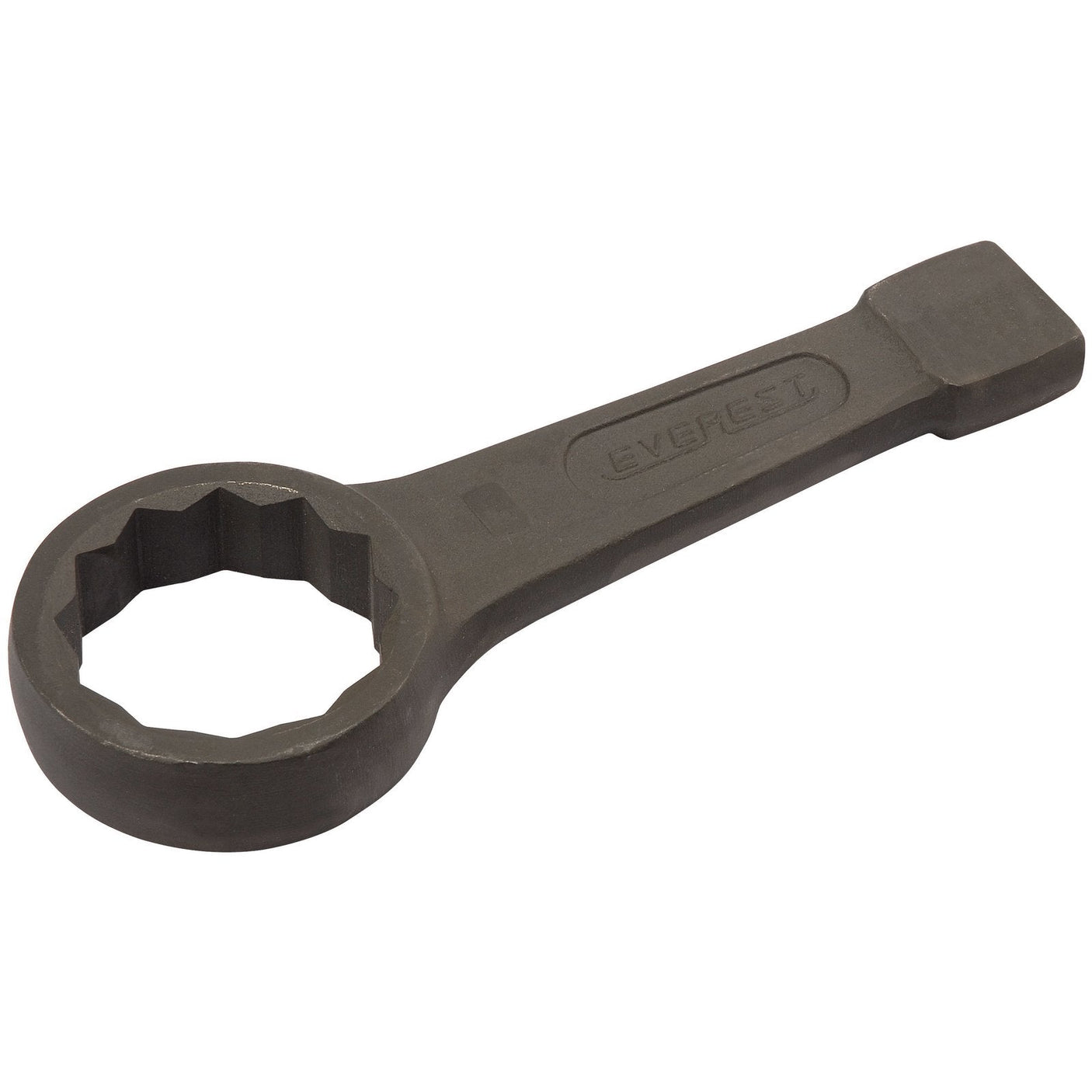 A large, flat, dark gray Draper Ring Slogging Wrench with a closed-ring design and a hexagonal socket on one end, made from carbon steel. The handle is embossed with the word "EVEREST" and it meets DIN7444 Specifications.