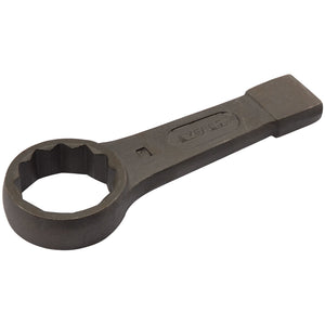 The Draper Ring Slogging Wrench, 75mm - 120mm, from Draper features a rectangular handle and a circular notched mouth designed for gripping and turning nuts or bolts, and it meets DIN7444 specifications.