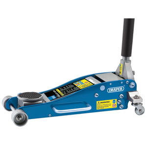 A blue Draper Aluminium and Steel Low Profile Trolley Jack, 2.5 Tonne - TJAS250, comes with a black handle and caster wheels. Its low profile design and heavy-duty Aluminium and Steel chassis make it ideal for lifting vehicles.