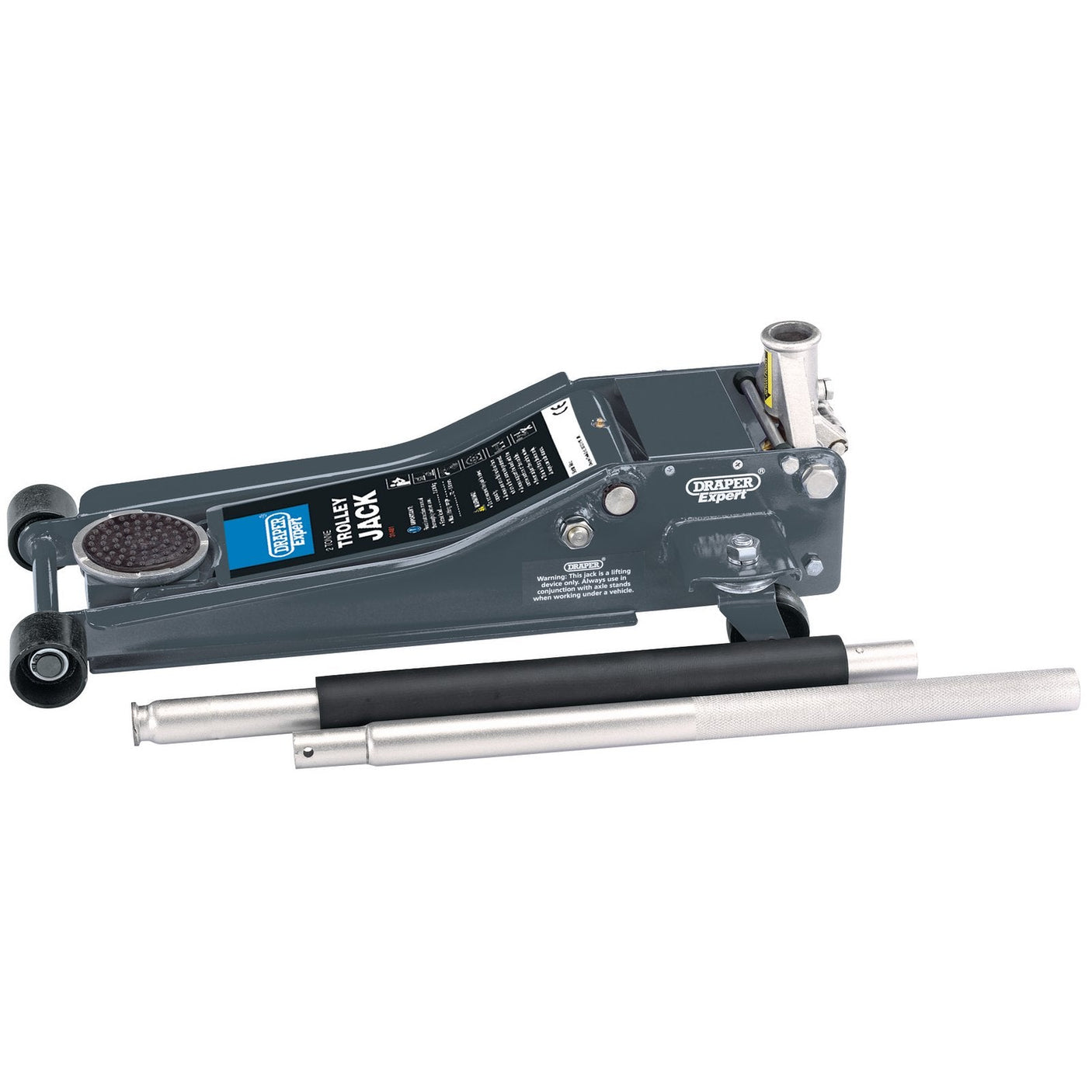 The Draper Expert Professional Low Profile Garage Trolley Jack, 2 Tonne - TJ2-PRO-C by Draper features a long handle and two caster wheels for vehicle lifting, equipped with a heavy-duty chassis and a twin piston pump.