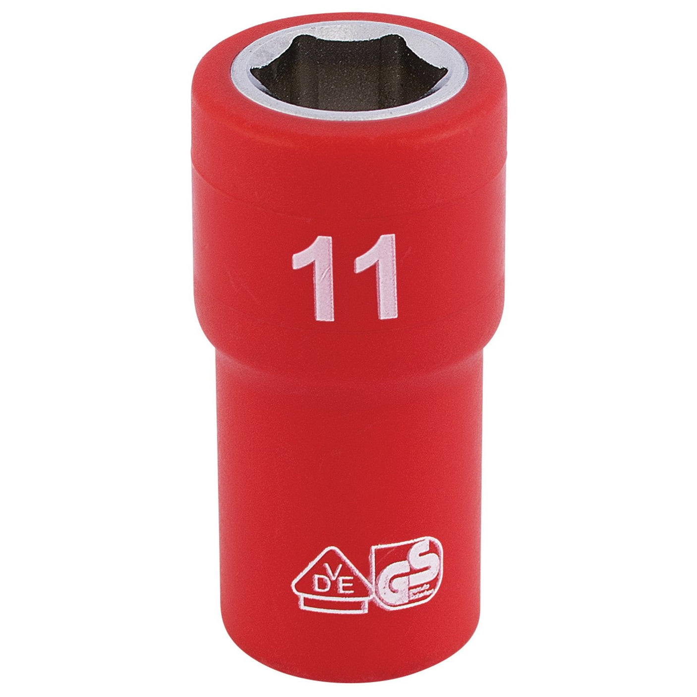 A Draper Fully Insulated VDE Socket featuring a 6-point, hexagonal opening, marked with the number 11 and certification symbols, made from durable chrome vanadium steel.