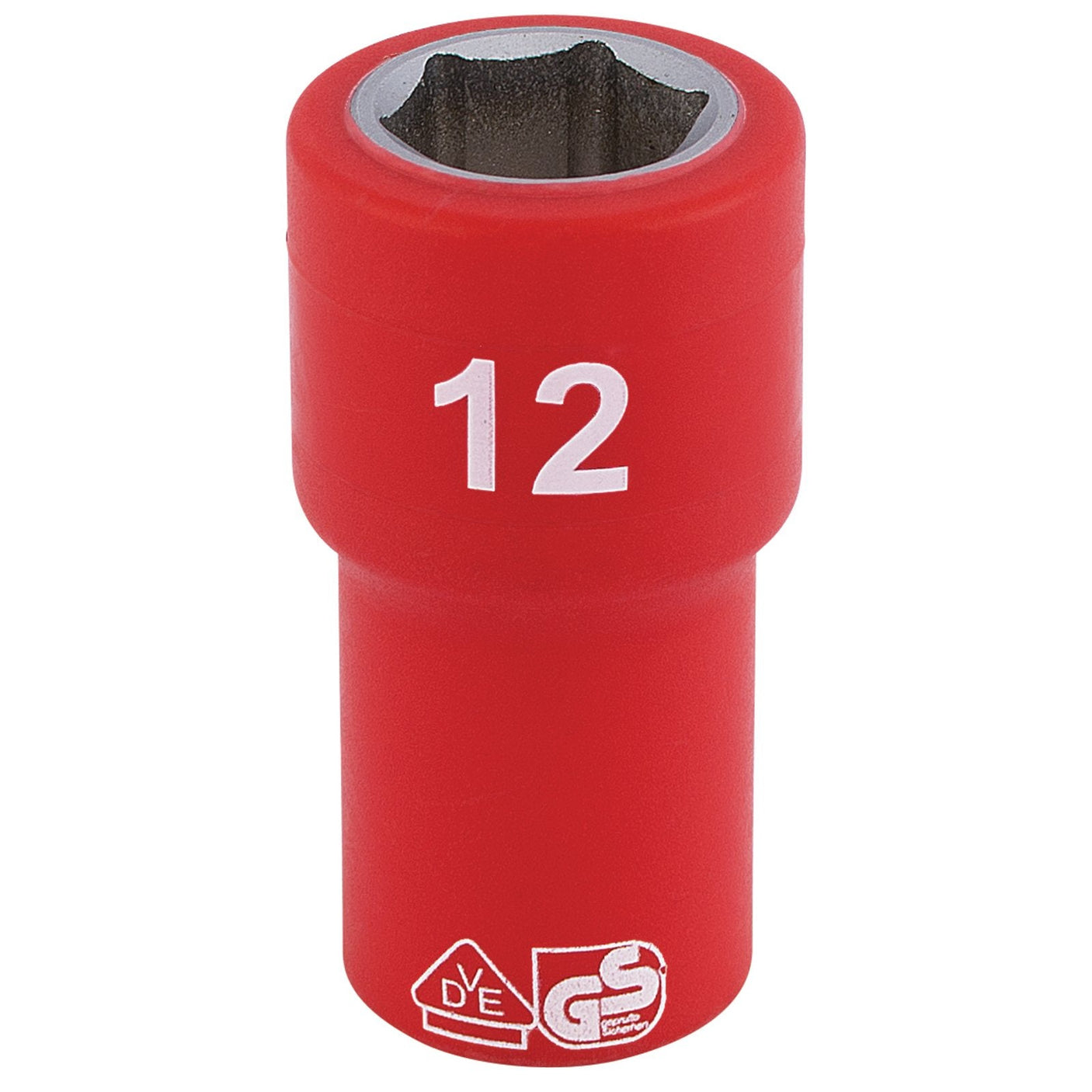 The Draper Fully Insulated Vde Socket, 1/4" Sq. Dr., 12mm - B6VDE-MM features a red attachment with a hexagonal opening and the number "12" marked on its side, accompanied by two logos. Crafted from chrome vanadium steel, this 6-point socket ensures durability and precision.