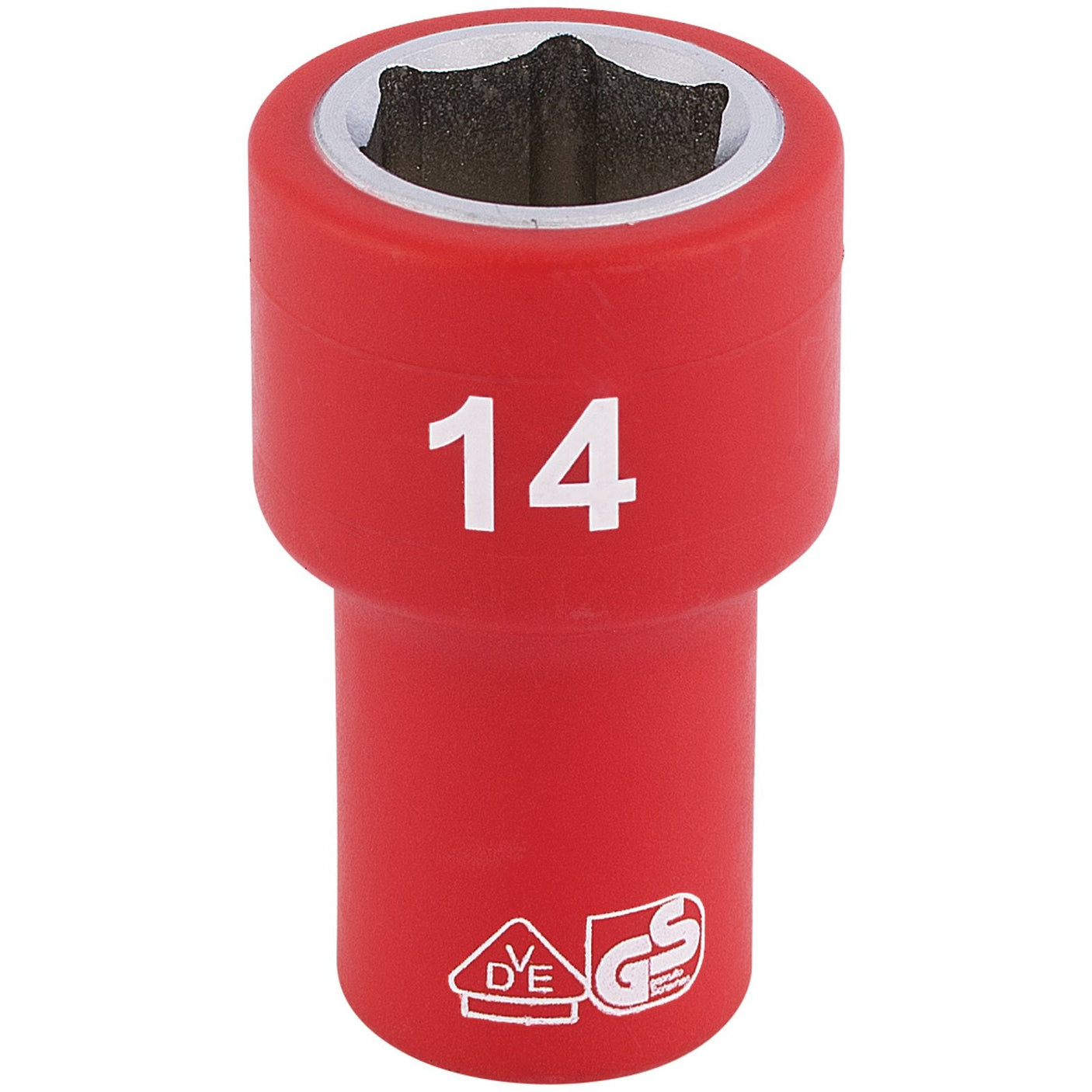 A Draper Fully Insulated Vde Socket, 1/4" Sq. Dr., 14mm - B6VDE-MM, featuring a red 6 point socket wrench head labeled with the number 14 and white symbols at the bottom, crafted from durable chrome vanadium steel.