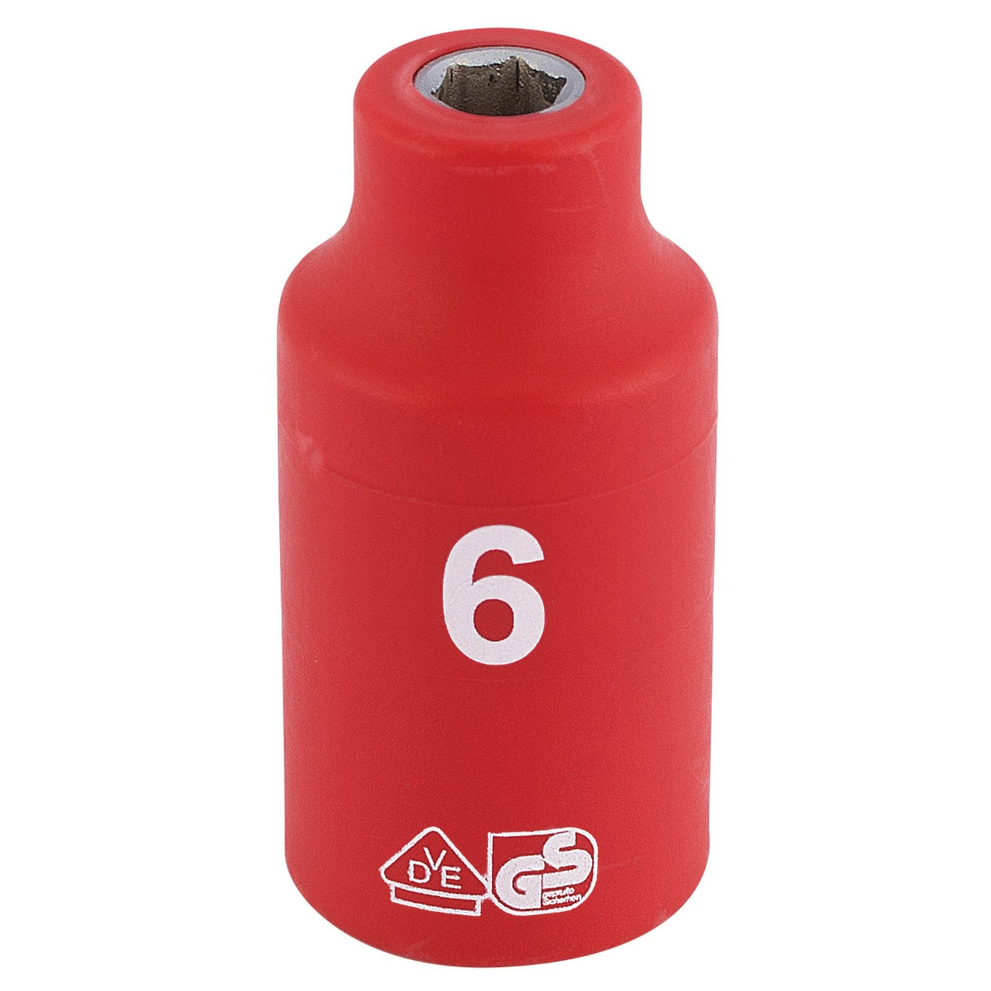 The Draper Fully Insulated VDE Socket, featuring a 3/8" square drive and 6mm size (D6VDE-MM), is red with a white number 6 and certification markings at the base, made from chrome vanadium steel, and tested up to 1000V.