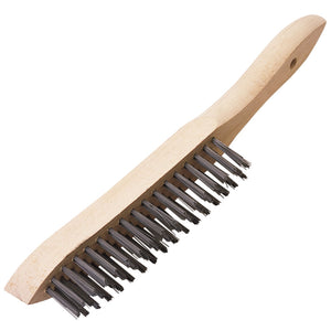 The Draper Heavy Duty 3 Row Wire Scratch Brush, 310mm - WB-HD/I, from the renowned brand Draper features a sturdy wooden handle and metal bristles. Ideal for heavy-duty tasks, this expert-quality industrial wire scratch brush ensures durability and efficiency.