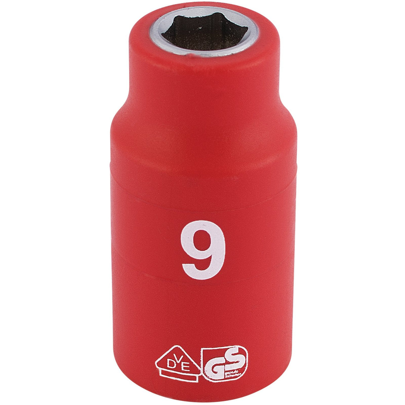 A Draper Fully Insulated Vde Socket, 3/8" Sq. Dr., 9mm - D6VDE-MM in red, featuring DVE and GS certification markings on the bottom and constructed from durable chrome vanadium steel.