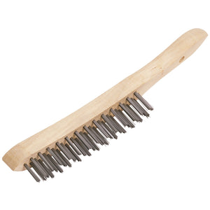 The Draper Wire Scratch Brush, 3 Row, 290mm - WB/I, featuring a wooden handle and stiff metal bristles ideal for cleaning or scrubbing surfaces, is displayed on a white background. This wire scratch brush by Draper also includes a convenient hang hole for easy storage.