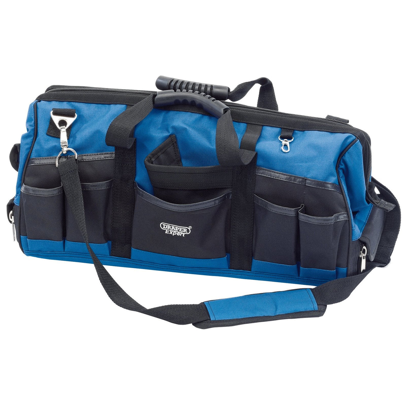 The Draper Contractor's Tool Bag, 600mm - TB650, crafted from water-resistant canvas, features multiple internal and external pockets, a zipper closure, reinforced handles, a shoulder strap, and a carrying handle.