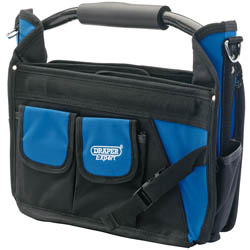 A Draper Folding Tote With Tubular Steel Handle, 355mm - FTTB14, in black and blue featuring multiple external pockets, waterproof fabric, and a padded handle.