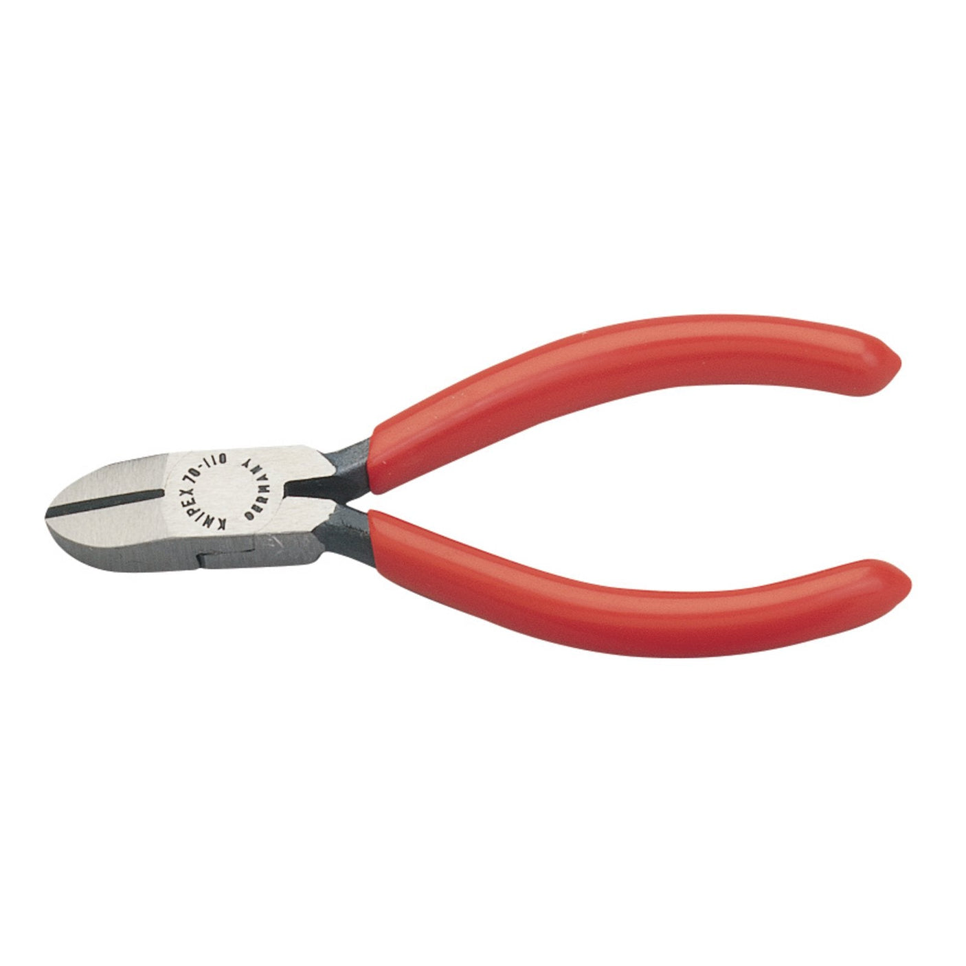 The Draper Knipex 70 01 110 Sbe Diagonal Side Cutter, measuring 110mm, features red handles and induction-hardened cutting edges for professional quality and long-lasting performance.