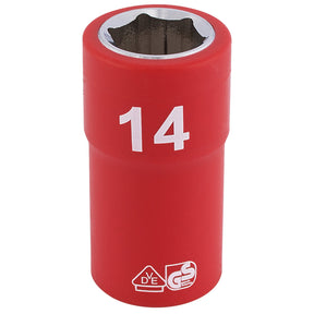 A Draper Fully Insulated Vde Socket, 3/8" Sq. Dr., 14mm (D6VDE-MM) features a red chrome vanadium steel finish with the number 14 printed in white. The base displays safety certification marks and is EN 60900 certified, tested to withstand up to 10000V.