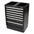 The Draper Bunker® Modular Floor Cabinet, 7 Drawer, 680mm - MS400-7BU is a black metal tool chest with six horizontal soft-close drawers and one larger bottom drawer. It features silver handles and a lock on the top drawer. As part of the Draper BUNKER modular storage system, this durable steel unit is designed for maximum efficiency and security in your workspace.