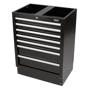 The Draper Bunker® Modular Floor Cabinet, 7 Drawer, 680mm - MS400-7BU is a black metal tool chest with six horizontal soft-close drawers and one larger bottom drawer. It features silver handles and a lock on the top drawer. As part of the Draper BUNKER modular storage system, this durable steel unit is designed for maximum efficiency and security in your workspace.