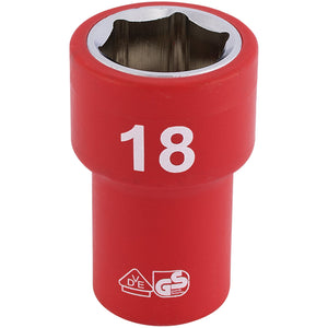 A Draper Fully Insulated Vde Socket, 3/8" Sq. Dr., 18mm made of chrome vanadium steel with the number 18 printed on it in white.