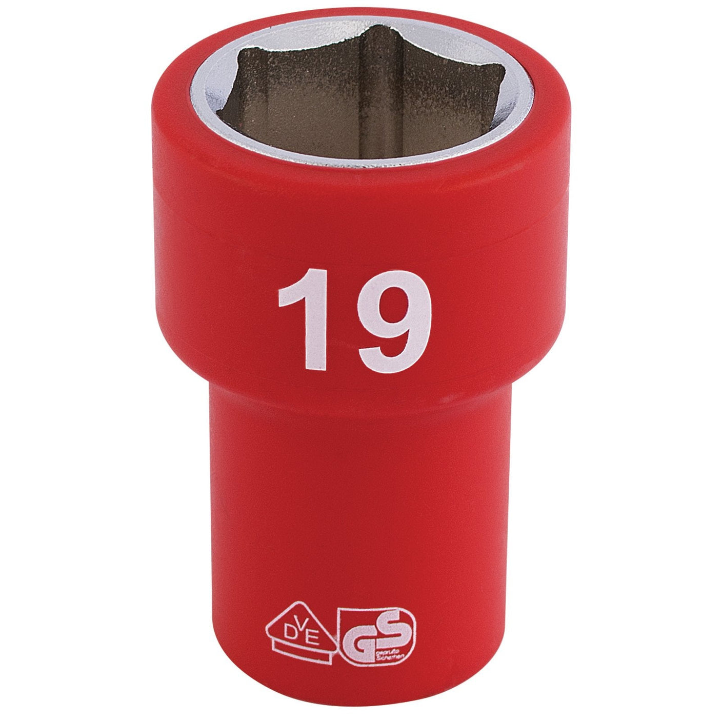 Draper Fully Insulated Vde Socket, 3/8" Sq. Dr., 19mm - D6VDE-MM, features a red design marked with the number 19 and certification logos at the base, crafted from durable chrome vanadium steel.