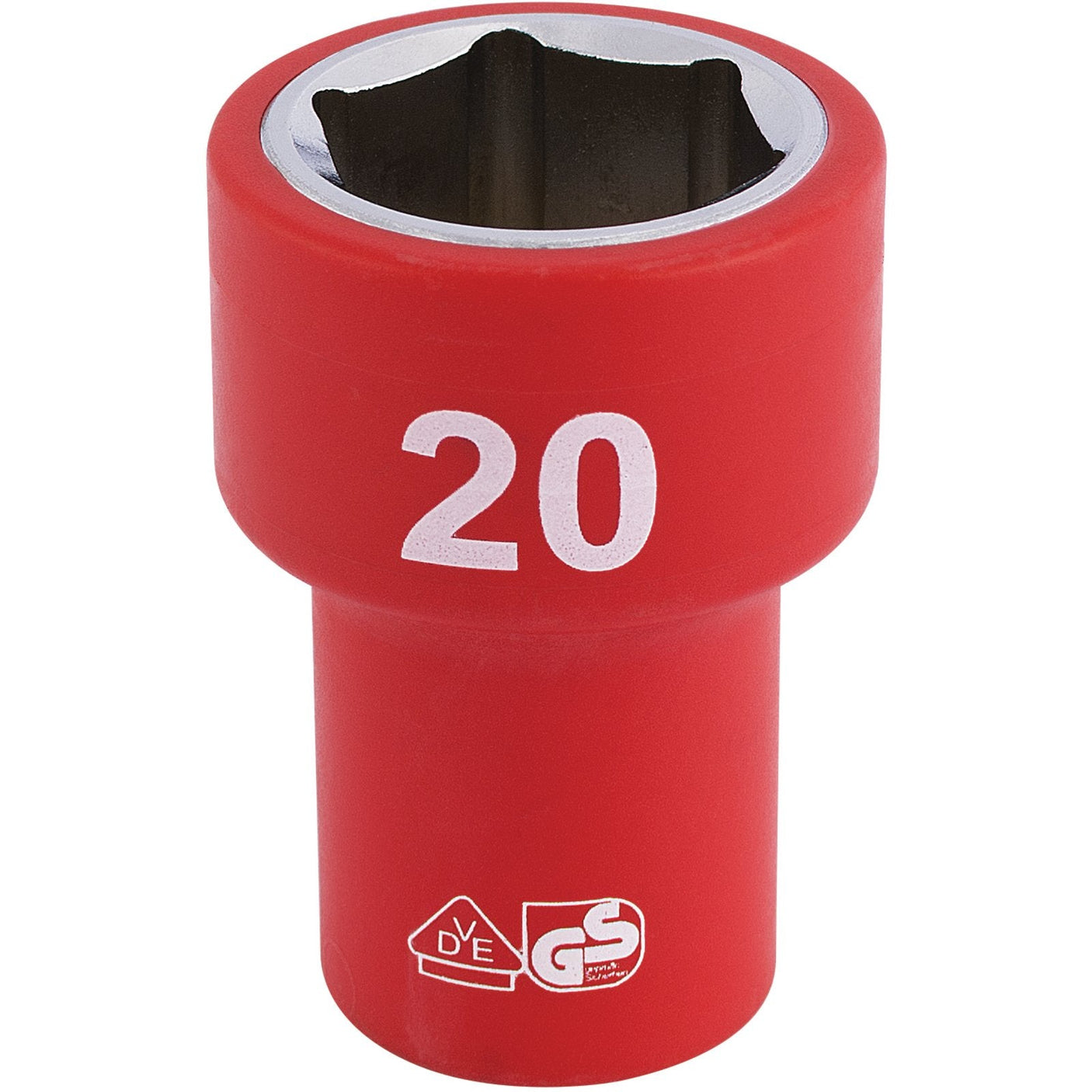 Close-up of a Draper Fully Insulated Vde Socket, 3/8" Sq. Dr., 20mm - D6VDE-MM in red chrome vanadium steel with the number 20 printed on it.