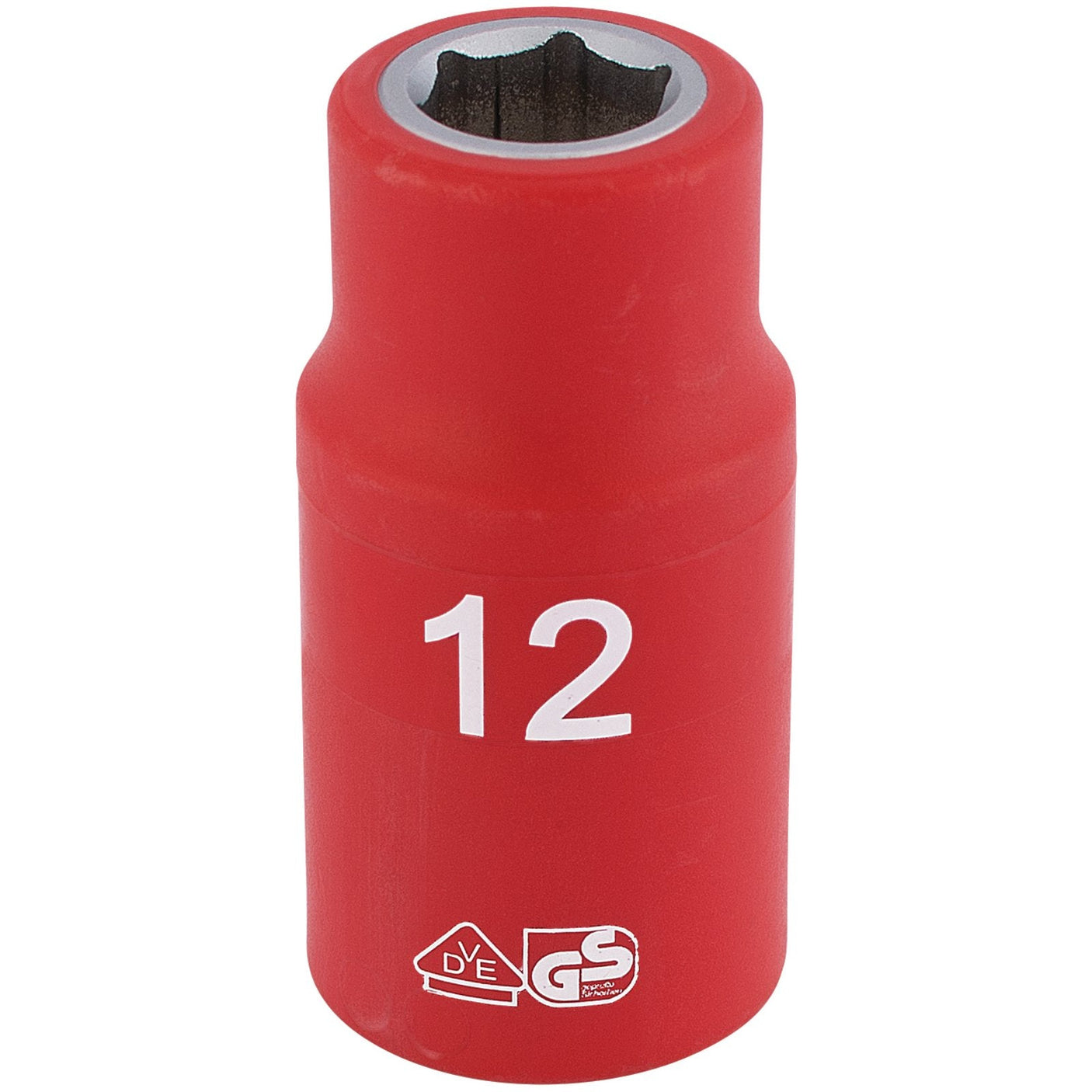 The Draper Fully Insulated Vde Socket, 1/2" Sq. Dr., 12mm - H6VDE-MM/B is a red twelve-point socket featuring "12" and certification logos on the side. It is constructed from durable chrome vanadium steel and rigorously tested to 10,000V for assured safety.