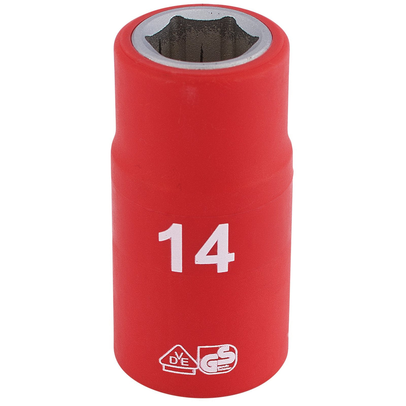 The Draper Fully Insulated Vde Socket, 1/2" Sq. Dr., 14mm - H6VDE-MM/B, is a red insulated 6 point socket made from durable chrome vanadium steel, featuring certification markings and compliance with EN 60900 standards.