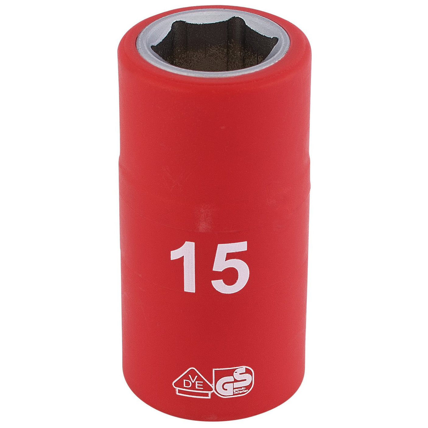 The Draper Fully Insulated VDE Socket, 1/2" square drive, 15mm – H6VDE-MM/B, is a red, 6-point socket crafted from durable chrome vanadium steel and featuring certification markings including EN 60900 at the bottom.