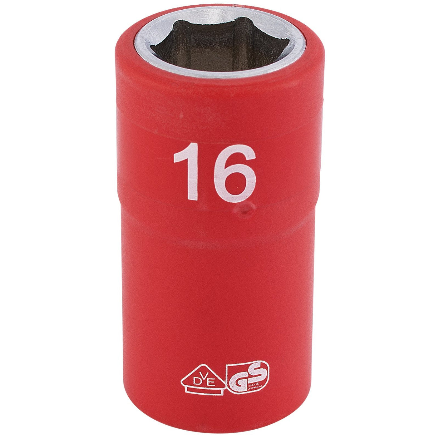 The Draper Fully Insulated Vde Socket, 1/2" Sq. Dr., 16mm - H6VDE-MM/B, features a red finish with a white "16" marking, and is crafted from durable chrome vanadium steel to meet DIN standards.