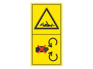 The W/LABEL-SAFETY SHIELD 220 (Sparex Part Number: S.3187) from Sparex is a 96 mm high yellow warning sign featuring a triangle depicting a figure caught in machinery and, below it, a symbol of a hand with a red 'X' and curved arrows, indicating the risk of being caught in rotating parts. This product ensures safety compliance and helps identify correct tariff codes.