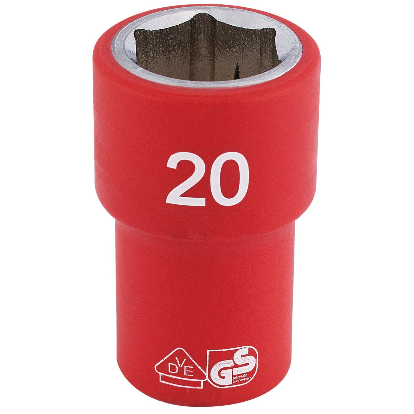 The Draper Fully Insulated VDE Socket, 1/2" Sq. Dr., 20mm - H6VDE-MM/B is a red insulated socket wrench head made from chrome vanadium steel, featuring a "20" marking to indicate its size. It also displays the VDE and GS logos on its surface, complying with DIN Standard specifications.