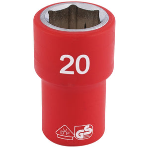 The Draper Fully Insulated VDE Socket, 1/2" Sq. Dr., 20mm - H6VDE-MM/B is a red insulated socket wrench head made from chrome vanadium steel, featuring a "20" marking to indicate its size. It also displays the VDE and GS logos on its surface, complying with DIN Standard specifications.