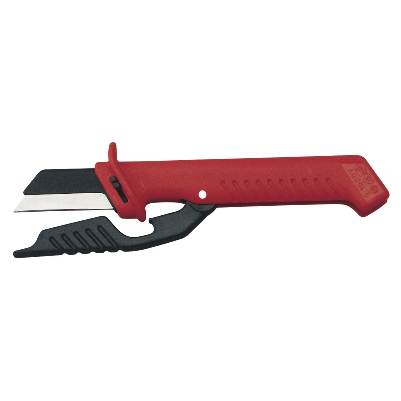 A Draper Knipex 98 56 Fully Insulated Cable Knife, featuring a red and black design with a rectangular Heavy 'S' Range handle and a partially enclosed, insulated blade tested to EN60900.