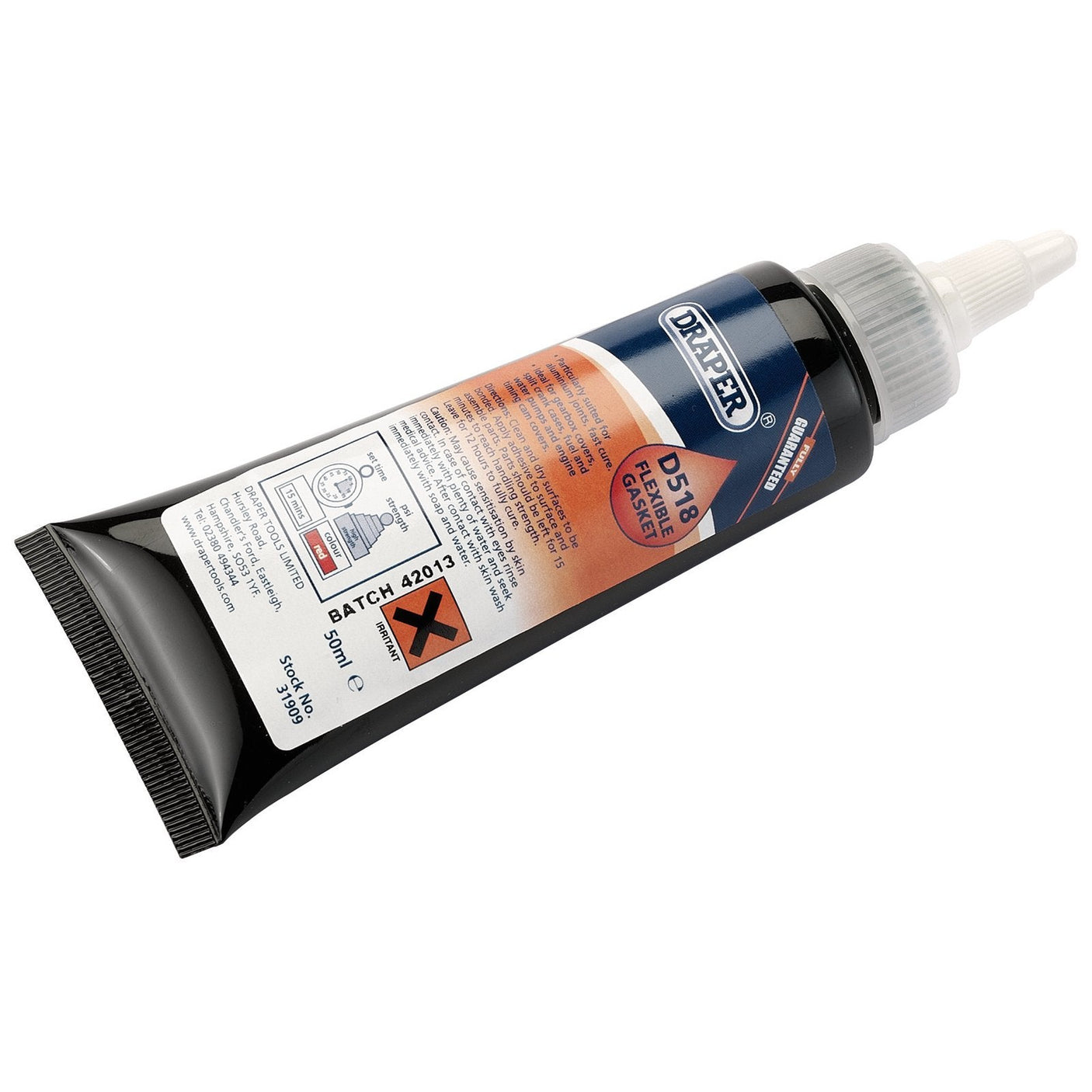 A tube of Draper D518 Flexible Gasket - DFG518 with an orange label, a black cap, and hazard warning symbols on the side; this fast-curing formula ensures reliable performance.