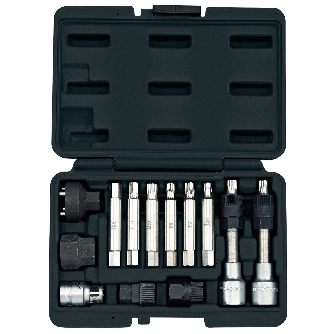 The Draper Alternator Pulley Tool Kit (13 Piece) - AFWPS13 is a black plastic case containing various hex bit sockets and adaptors for use with a ratchet or power tools, including a Draper TX-STAR set essential for European car alternator tool applications, all arranged in designated slots within the case.