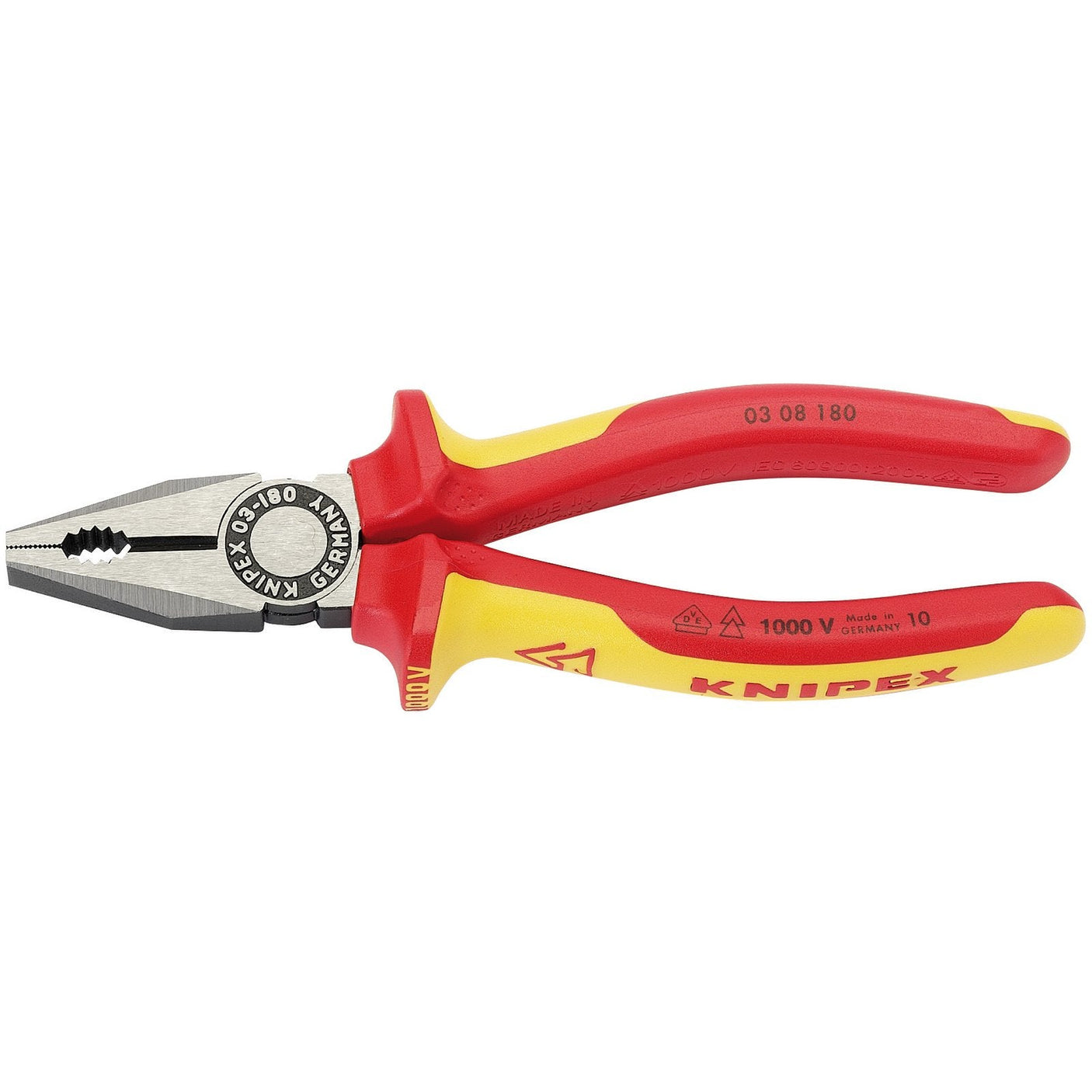 Red and yellow insulated combination pliers with serrated jaws, branded as Draper. These fully insulated 180mm pliers (model 03 08 180 UKSBE) meet EN 60900 standards for Professional Quality tools and come marked with safety information and manufacturing details.