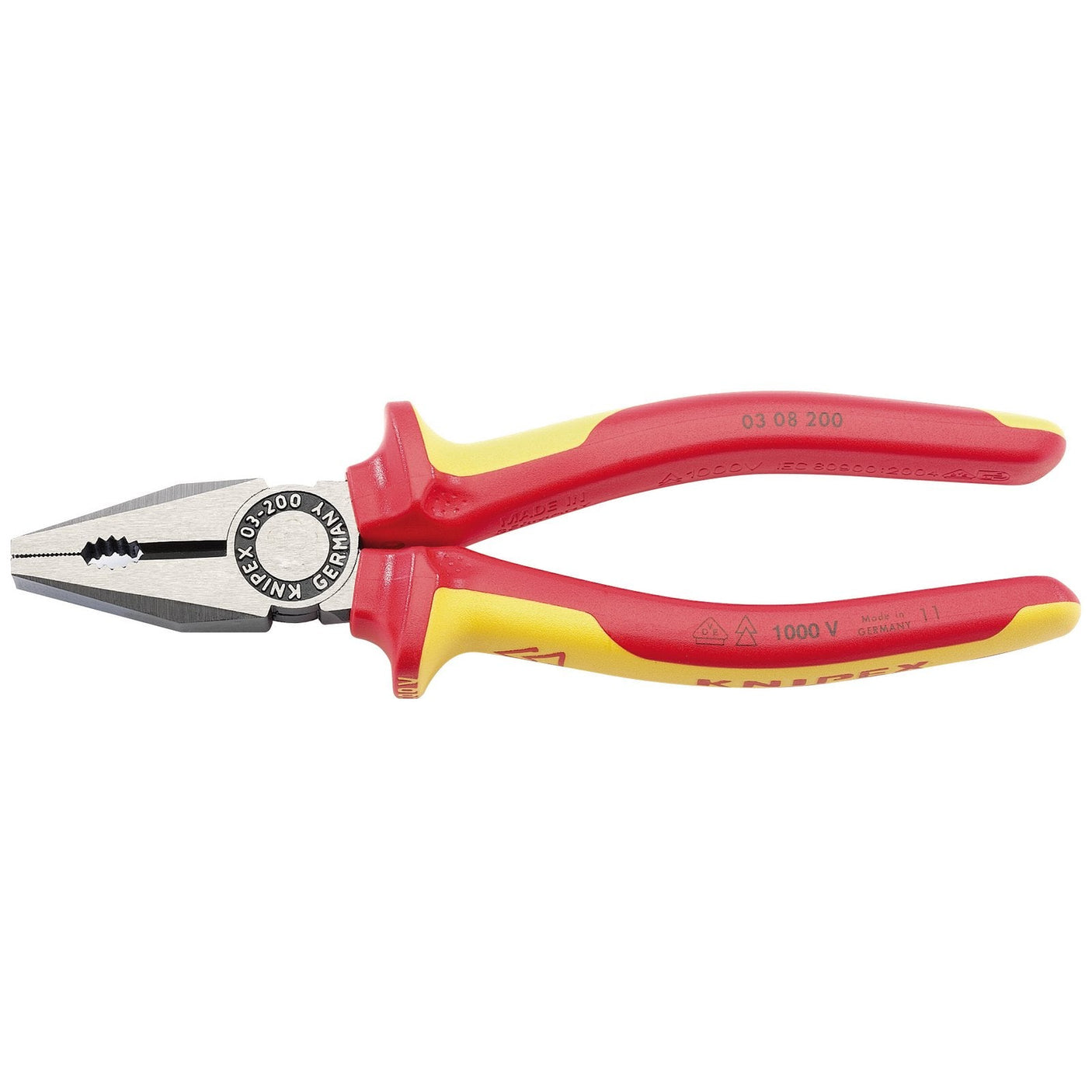 A pair of Draper Knipex 03 08 200Uksbe Vde Fully Insulated Combination Pliers, featuring heavy insulated handles in red and yellow and sharp cutting edges for metal gripping and cutting, designed for work with up to 1000 volts.