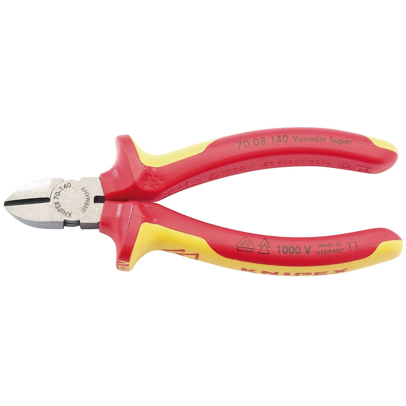 A pair of red and yellow insulated diagonal side cutters, branded "Draper," made from vanadium electric steel and embossed with "1000 V," indicating high voltage insulation protection for live line working, specifically the Draper Knipex 70 08 140Uksbe Vde Fully Insulated Diagonal Side Cutters, 140mm - 70 08 140 UKSBE.