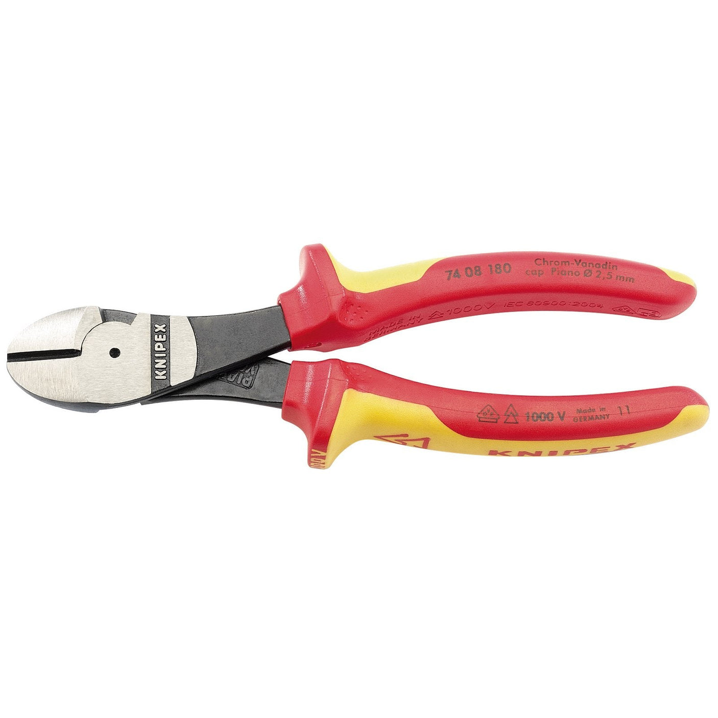 Image of a pair of Draper Knipex 74 08 180Uksbe Vde Fully Insulated High Leverage Diagonal Side Cutters, featuring red and yellow handles, crafted from chrome vanadium steel and designed for cutting wires up to a 1000V safety standard.