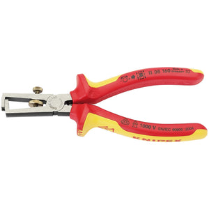 A pair of Draper Knipex 11 08 160Uksbe Vde Fully Insulated Wire Stripping Pliers, featuring red and yellow heavy insulated handles, tested to 10,000V, used for cutting and stripping electrical wires.