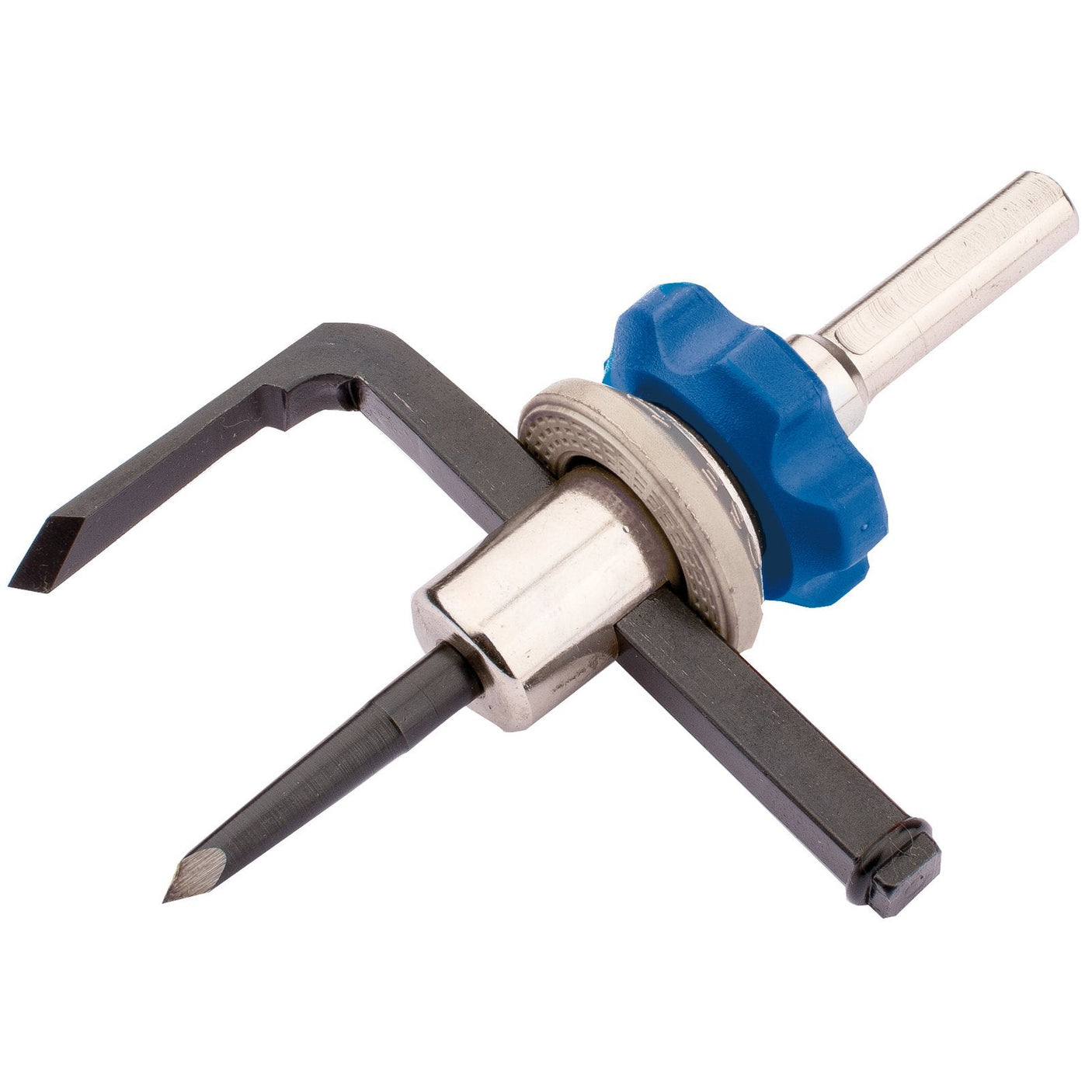 Introducing the Draper Hole Cutter For Wood Or Plastic, 40 - 120mm - 4302B from Draper. This adjustable tool features a blue knob, sturdy metal arms, and a sharp central blade, making it perfect for cutting round holes in various materials. For added convenience, it can also be attached to a power drill for effortless operation.