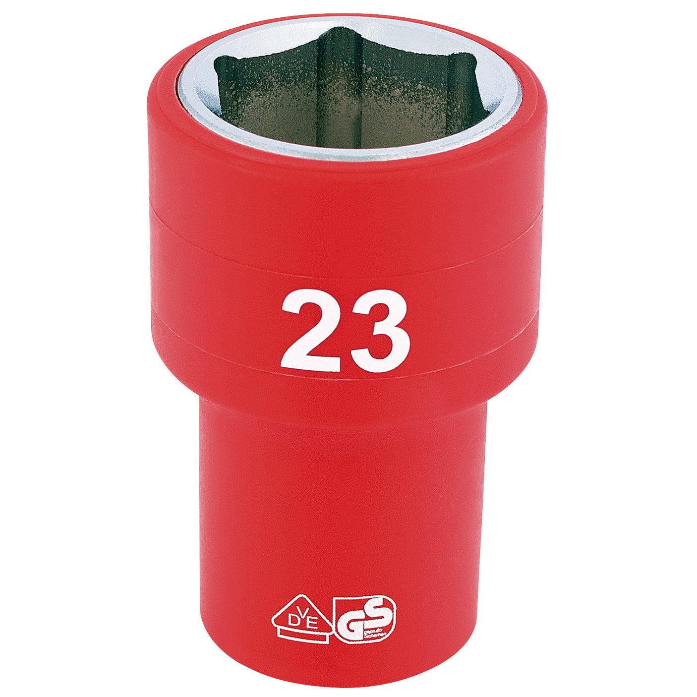 The Draper Fully Insulated VDE Socket, 1/2" Sq. Dr., with a 23mm size and model number H6VDE-MM/B, is red, made from chrome vanadium steel, and used for loosening or tightening nuts or bolts.