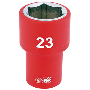 The Draper Fully Insulated VDE Socket, 1/2" Sq. Dr., with a 23mm size and model number H6VDE-MM/B, is red, made from chrome vanadium steel, and used for loosening or tightening nuts or bolts.