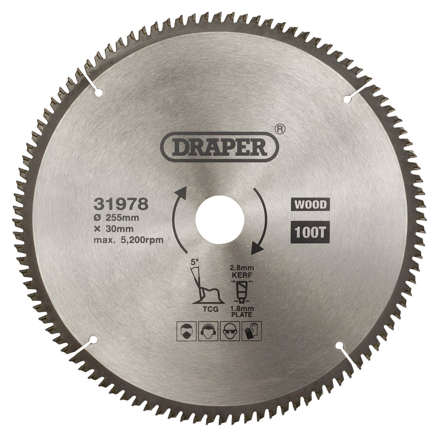 The "Draper Tct Triple Chip Grind Circular Saw Blade, 255 X 30mm, 100T - SBTCG2" is a wood-cutting blade with 100 teeth, a diameter of 255mm, and a 30mm bore. It operates at a maximum speed of 5200rpm and features visible safety icons.