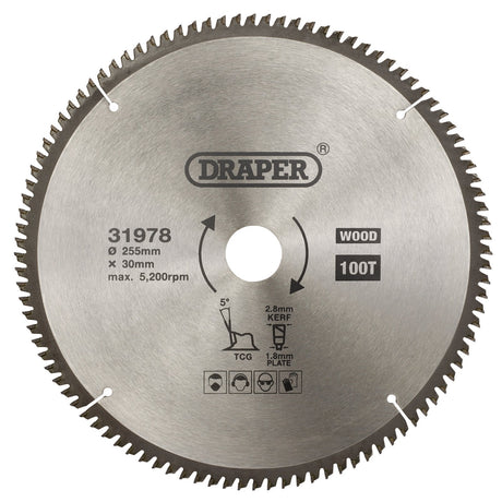 Draper Tct Triple Chip Grind Circular Saw Blade, 255 X 30mm, 100T - SBTCG2 - Farming Parts