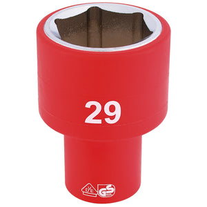 A red Draper Fully Insulated Vde Socket, 1/2" Sq. Dr., 29mm - H6VDE-MM/B made from chrome vanadium steel, with a hexagonal 6-point socket opening, labeled with the number "29" in white text and featuring certification symbols near the base.