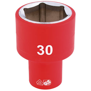 Draper Fully Insulated Vde Socket, 1/2" Sq. Dr., 30mm - H6VDE-MM/B, marked with the number 30 and crafted from durable chrome vanadium steel, is EN 60900 certified.