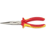 A pair of Draper Knipex 26 18 200Uksbe VDE fully insulated long nose pliers, measuring 200mm and featuring durable vanadium steel construction, designed with red and yellow insulated handles for gripping and manipulating small objects.