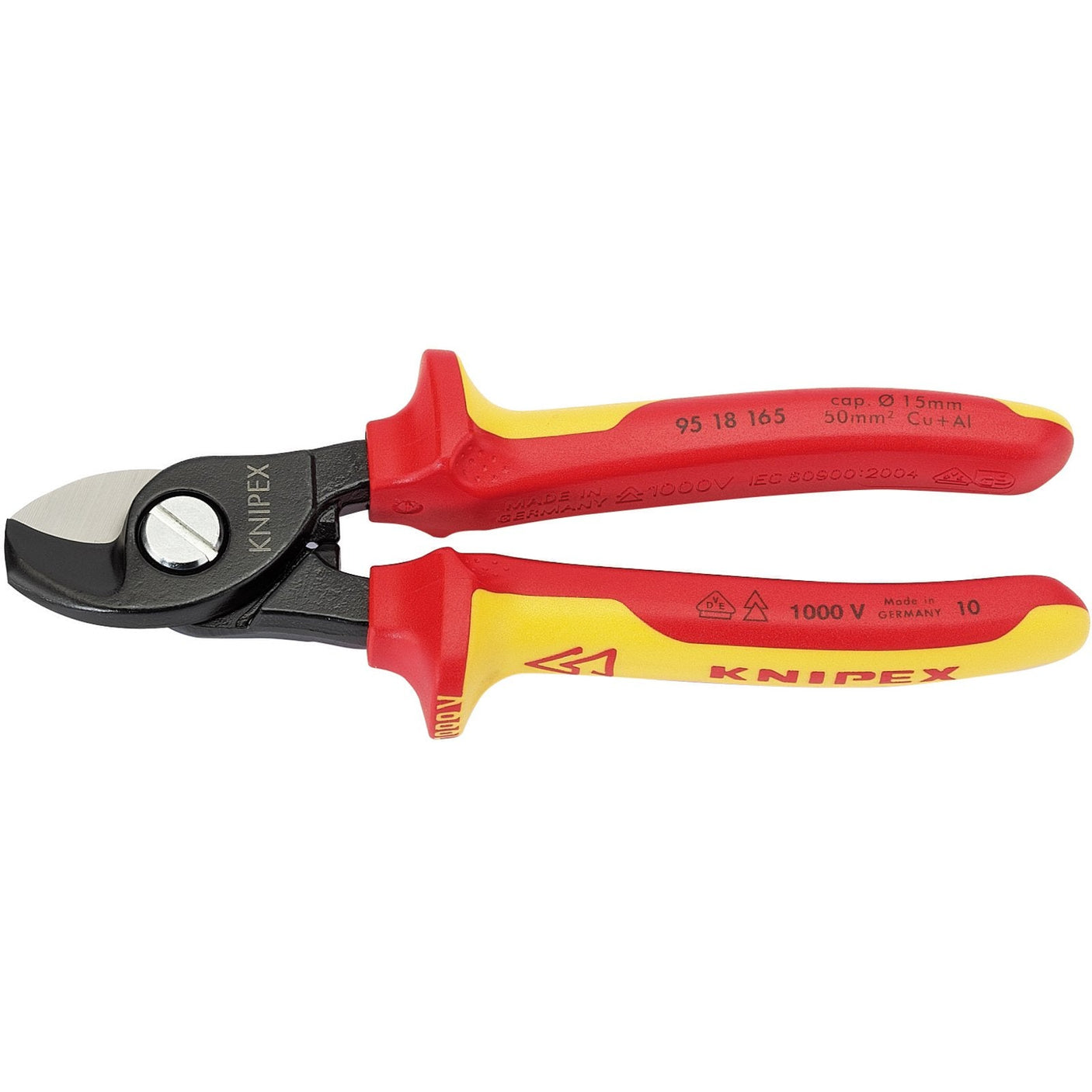 A pair of Draper Knipex 95 18 165Uksbe Vde Fully Insulated Cable Shears, 165mm - 95 18 165 UKSBE with red and yellow handles, perfect for live line working. Designed for cutting electrical cables, the tool is labeled for 1000V operation and has precise measurements on the handles.