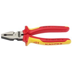 A pair of Draper Knipex 02 08 180Uksbe VDE Fully Insulated High Leverage Combination Pliers, featuring red and yellow handles, designed for electrical work and cutting hard wires, crafted from high-grade tool steel.